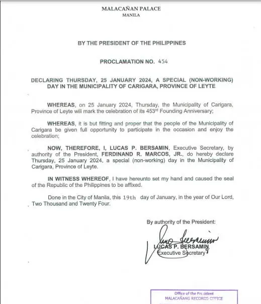 Proclamation No. 454 declares January 25, 2024, as a special non-working day in Carigara, Leyte