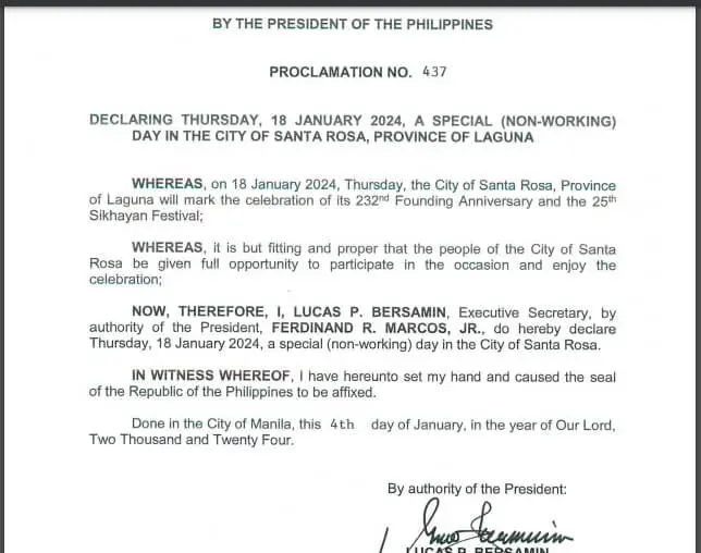 January 18 is a special non-working day in Sta Rosa