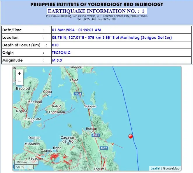 5.0-magnitude earthquake hits Surigao del Sur