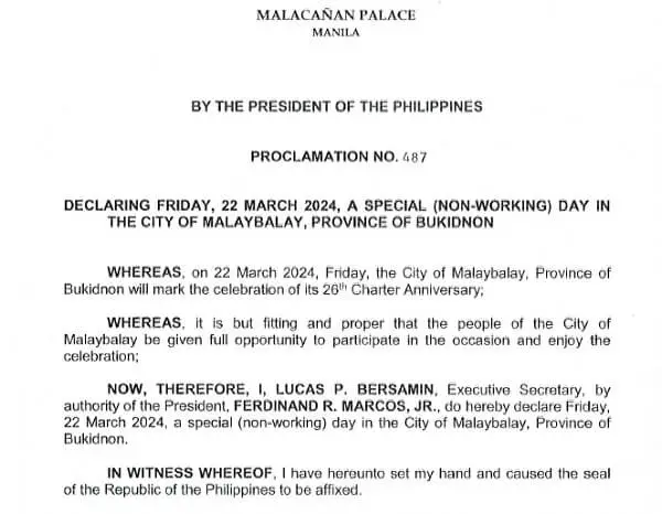 Proclamation 487 Malaybalay, Bukidnon
