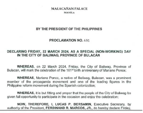 Proclamation 491 Baliwag, Bulacan March 22, 2024