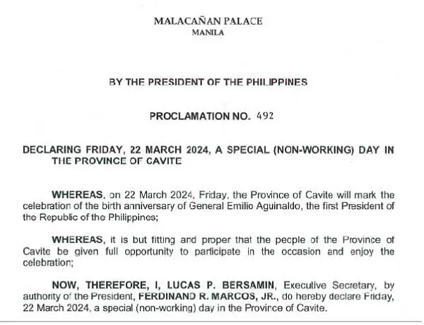 Proclamation 492 Cavite March 22, 2024